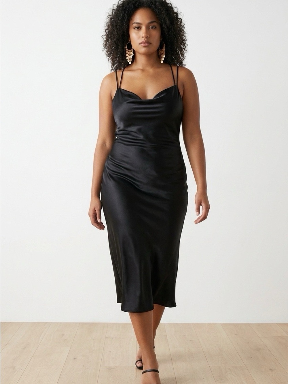 Elegant Black Satin Slip Dress with Cowl Neck and slit